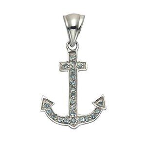 Lightweight Sterling Silver Nautical Anchor Pendant w/Aqua Crystals - Nautical
